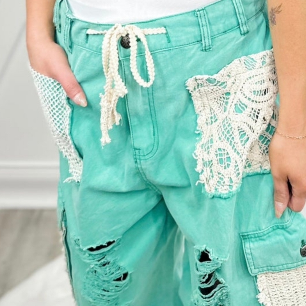 POL Mint Green Distressed Patchwork Jogger Pants - Picture 4 of 7